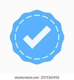 A minimalist blue badge icon vector with a white checkmark at the center, symbolizing verification and approval. Clean design, perfect for branding or digital use