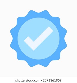 A minimalist blue badge icon vector with a white checkmark at the center, symbolizing verification and approval. Clean design, perfect for branding or digital use