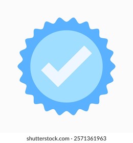 A minimalist blue badge icon vector with a white checkmark at the center, symbolizing verification and approval. Clean design, perfect for branding or digital use