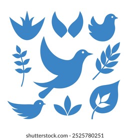 Minimalist blue bird vector icons set with doves, olive branches, and circular frame designs.
Blue bird silhouette icons in simple style, perfect for peace symbols, logos, and decoration.