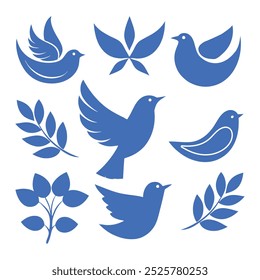 Minimalist blue bird vector icons set with doves, olive branches, and circular frame designs.
Blue bird silhouette icons in simple style, perfect for peace symbols, logos, and decoration.