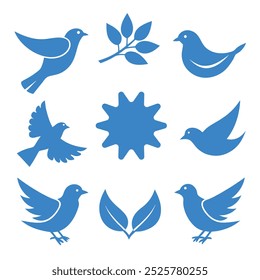 Minimalist blue bird vector icons set with doves, olive branches, and circular frame designs.
Blue bird silhouette icons in simple style, perfect for peace symbols, logos, and decoration.