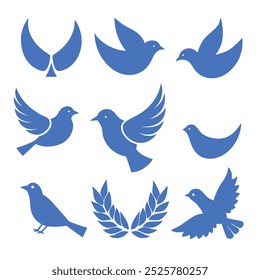 Minimalist blue bird vector icons set with doves, olive branches, and circular frame designs.
Blue bird silhouette icons in simple style, perfect for peace symbols, logos, and decoration.