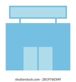 A minimalist blue building with a rectangular sign and two doors, perfect for business or architecture concepts