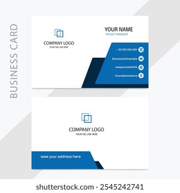 Minimalist blue business card with blue accents, featuring a placeholder logo, contact info icons, and a modern, clean design layout.
