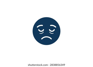 A minimalist blue circle icon featuring a stylized sad emoji face with drooping eyes and a downcast mouth expressing exhaustion or unhappiness
