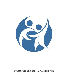 A minimalist blue circular logo featuring two white abstract human figures, one reaching out to the other in a gesture of connection and support.