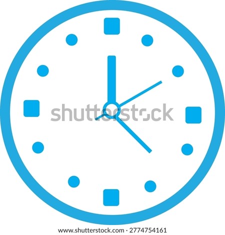A minimalist blue clock icon with a white face, featuring hour, minute, and second hands, and both dot and square markers.