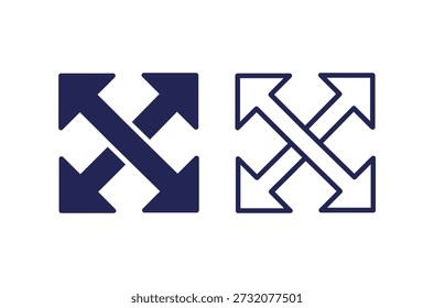 Flechas de expansión diagonales azules minimalistas en estilos de contorno y sólidos, que representan el crecimiento, la escalabilidad y la navegación de interfaz digital moderna.