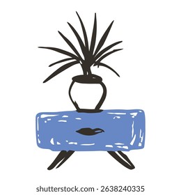 A minimalist blue drawer table paired with a plant, enhancing the modern and clean aesthetic of any living or office space. Perfect for stylish home decor.