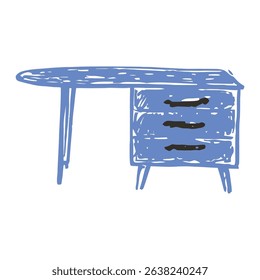 A minimalist blue drawer table with a sleek and functional design, perfect for modern home and office interiors. It complements contemporary living spaces.