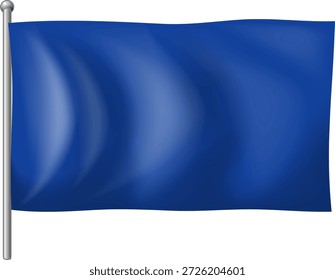 Minimalist blue flag with realistic wave effect, metallic pole, clean vector style, white background