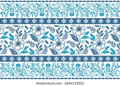 borda floral azul minimalista com elementos botânicos contornados e design de flor de uma linha limpa para tecidos da moda

