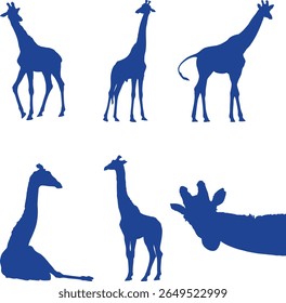 Minimalist blue giraffe silhouette vector set featuring six unique giraffe poses including standing, walking, sitting, and a close-up head view.