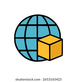 Minimalist blue globe vector with black grid and a vibrant yellow box symbolizing global delivery