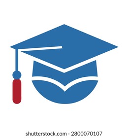 A minimalist blue graduation cap icon combined with a book shape, symbolizing education, knowledge, academic achievement, school, university, and scholarly pursuit.
