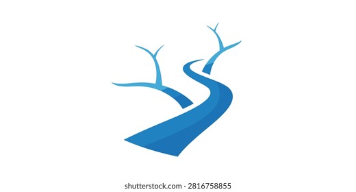 A minimalist blue graphic illustration featuring a stylized winding road that transitions into bare tree branches against a white background.