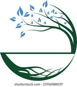 Minimalist blue and green combination tree logo, futuristic touch geometric elements, suitable for brands that focus on green technology, or the environment. Available in high quality vector format