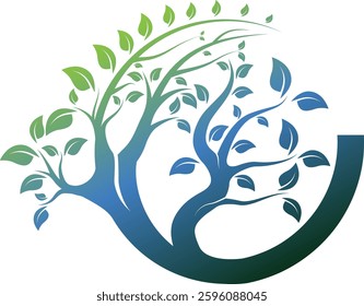 Minimalist blue and green combination tree logo, futuristic touch geometric elements, suitable for brands that focus on green technology, or the environment. Available in high quality vector format