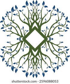 Minimalist blue and green combination tree logo, futuristic touch geometric elements, suitable for brands that focus on green technology, or the environment. Available in high quality vector format