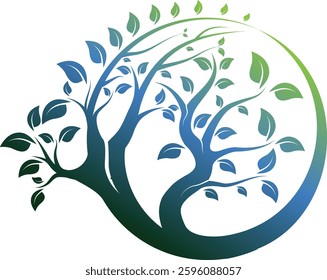 Minimalist blue and green combination tree logo, futuristic touch geometric elements, suitable for brands that focus on green technology, or the environment. Available in high quality vector format