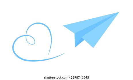 Minimalist Blue Handmade Paper Plane and Heart Shape Route Path. Valentines Day 3D Vector Icon, Flat Design. Ideal For Logos And Simple Illustrations.