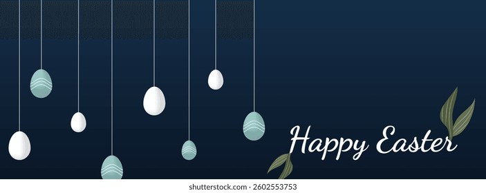 Minimalist Blue Happy Easter card with easter eggs garland and rabbit. Simple vector decoration with handwrite, spring flowers