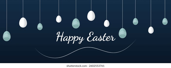 Minimalist Blue Happy Easter card with easter eggs garland and rabbit. Simple vector decoration with handwrite, spring flowers