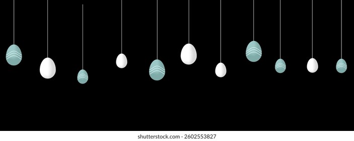 Minimalist Blue Happy Easter card with easter eggs garland and rabbit. Simple vector decoration with handwrite, spring flowers