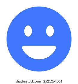 Minimalist blue happy face with an open smile and oval eyes. Ideal for expressing happiness, positivity, user engagement, social media, and communication. Simple vector style.