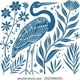 Minimalist Blue Heron with flowers