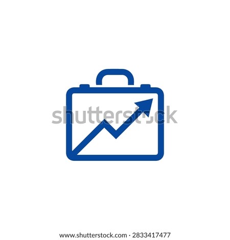 A minimalist blue icon featuring a briefcase outline with an upward trending line graph inside symbolizing business growth and investment success.
