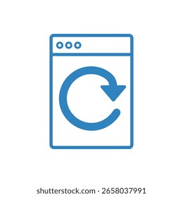Um ícone azul minimalista mostrando uma janela retangular com um cabeçalho. No interior, uma grande seta circular aponta no sentido horário, simbolizando uma ação de atualização, recarga ou atualização.