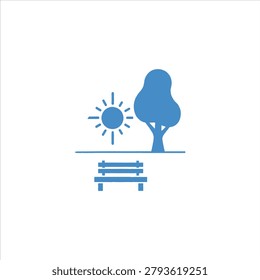Minimalist blue illustration of a cloud-shaped tree, sun, and bench on a simple horizon line.