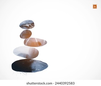 Minimalist blue Ink painting of stacked stones in a Zen-like balance. Traditional oriental ink painting sumi-e, u-sin, go-hua on white background. Hieroglyph - eternity.