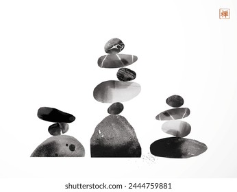 Minimalist blue Ink painting of stacked stones in a Zen-like balance. Traditional oriental ink painting sumi-e, u-sin, go-hua on white background. Hieroglyph - zen.