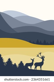 Minimalist blue landscape with wildlife in mountains printable wall art