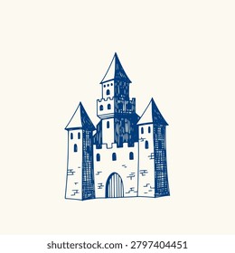 Minimalist blue line art of medieval castle. Simple hand drawn ink fortress icon with tall towers and spires for branding, logo, web or app design. Isolated line illustration.