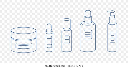 Minimalist blue line art vector set of skincare and cosmetic packaging containers. Includes cream jar, dropper serum bottle, lotion bottle, spray bottle, and pump dispenser.