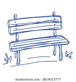 A minimalist blue line drawing of a classic park bench set on a white background.