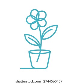 Minimalist blue line drawing of potted flower with five petals and two leaves, modern stylized outline artwork symbolizing plants, gardening, and nature