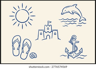 Minimalist blue line drawings of seaside summer symbols including dolphin sun sandcastle flipflops and anchor on beige background