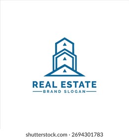 A minimalist blue logo featuring an abstract geometric representation of buildings