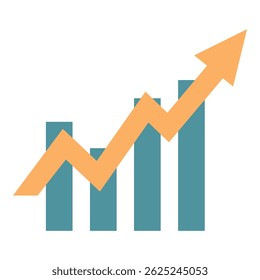 Minimalist blue and orange statistical chart with bars showing positive growth and arrow going up