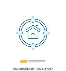 A minimalist blue outline of a house within a target symbol, representing real estate, property search, or home location services.