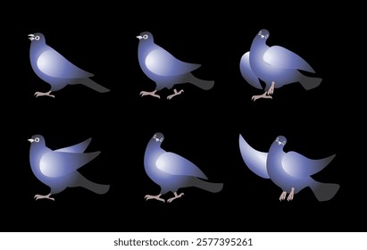 Minimalist blue pigeons perching, flying, displaying unique avian poses