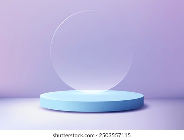 Minimalist Blue Podium with Transparent Circle on Soft Purple Backdrop, Modern 3D Product Display for Elegant Mockups, Showroom, and Showcase