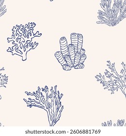 Minimalist blue sea corals on beige background. Seamless pattern. Hand-drawn line art vector texture for textile, wallpaper and surface design.
