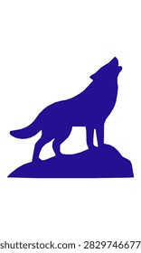 A minimalist blue silhouette of a wolf howling on top of a rock against a plain white background.
