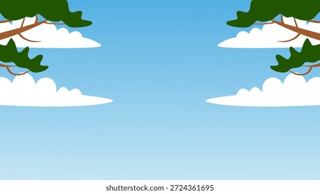 Minimalist blue sky background with pine tree branches and white clouds. Flat vector illustration with copy space.